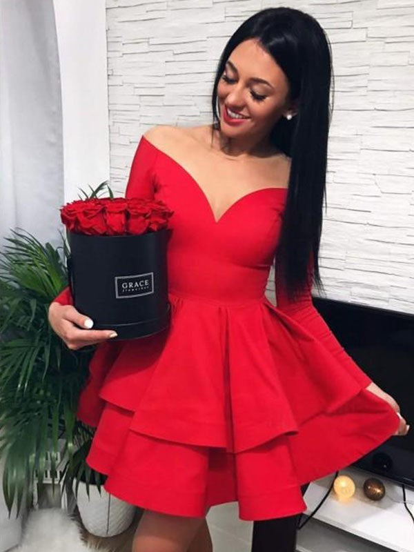 Vestidos cortos/mini de crepé elástico con hombros descubiertos, volantes y mangas largas
